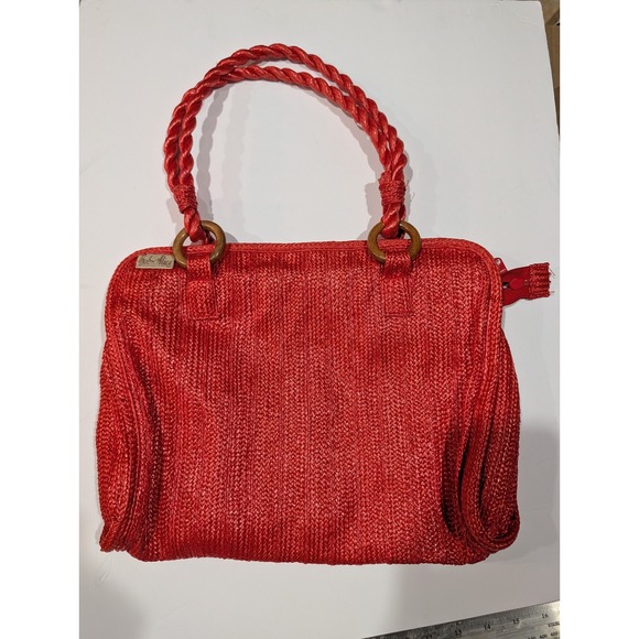 Bob & Alice Handbags - Bob & Alice Red Woven Straw Tote Bag Braided Handles Wooden Rings - Boho Summer